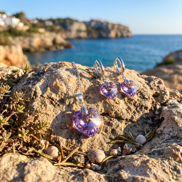 Conjunto Amatista · Collar y Pendientes de Corazón Violeta
